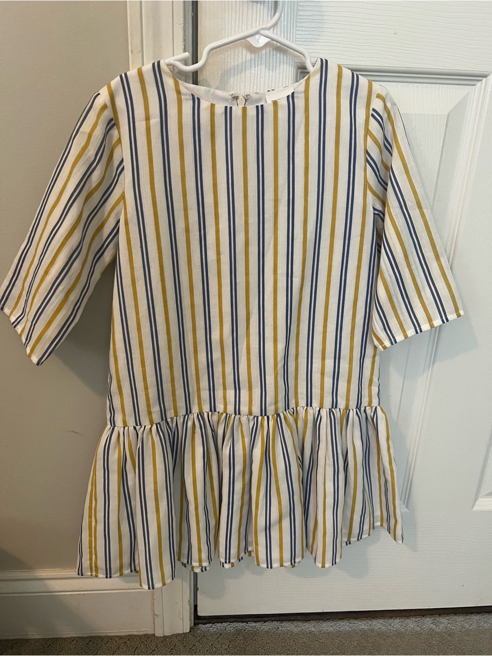 NWOT English Factory Recess Girls Striped Peplum Dress - White, Yellow & Navy
